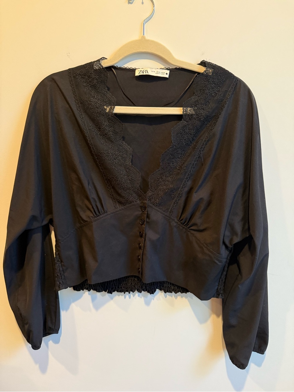 Zara Black Lace-Trim Button-Front Cropped Blouse